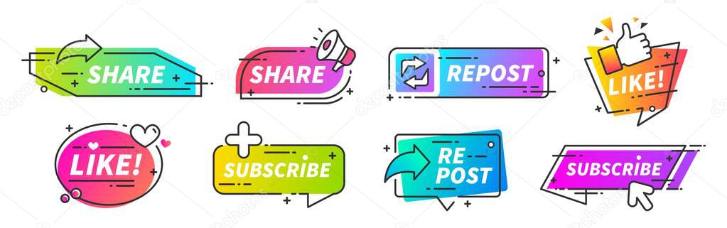 Like and share banner. Social media thumb up share and repost buttons for vlogs, blogs and video channel. Vector SMM marketing recommends style fillings icons for social fillings