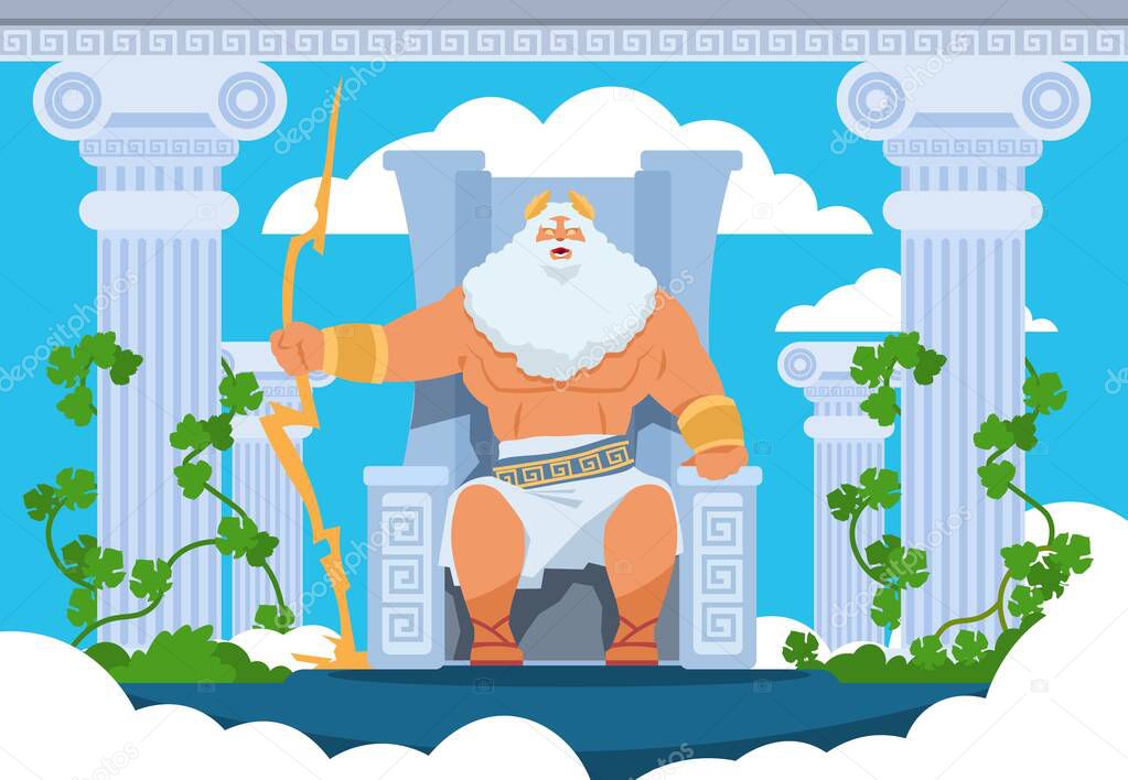 Cartoon Zeus. Legendary god character of Ancient Greek mythology on Olympus mountain. Vector mythology illustration