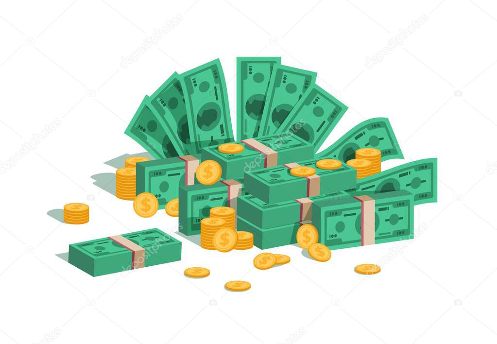 Money pile. Bundle with flying dollars and rolling golden coins, stack of green banknotes and coins. Vector business finance concept