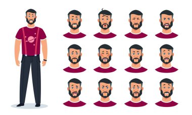 Yüz ifadeleri. Farklı duyguları olan çizgi film karakteri, kızgın, üzgün, mutlu, şaşırmış adam. Vektör avatar yapıcı