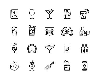 Alkollü içecek ikonları. Kokteyller, bira şişesi ve içecekler, vermut margarita ve diğer tropikal içecekler. Vektör çubuğu menüsü seti