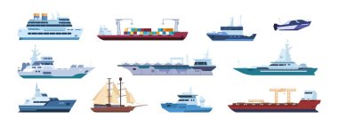 Düz kayıklar. Okyanus yelkenlileri, yat ve katamaranlar, izole edilmiş deniz taşımacılığı. Vektör yelkenli gemi ve motorlu gemi