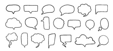 Konuşma baloncukları. El çizimi elementler, kalem çizgileri ve grunge şekilleri olan metinler. Vektör modu seti
