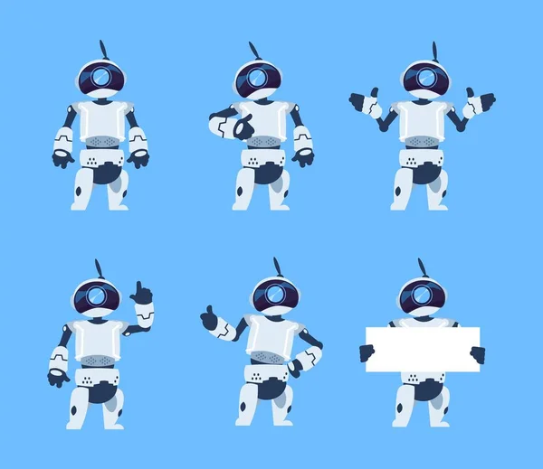 Niedliche Roboter. Zeichentrick-Androiden-Zeichensatz, futuristische Maschine mit verschiedenen Posen. Vektor isolierte Objekte — Stockvektor