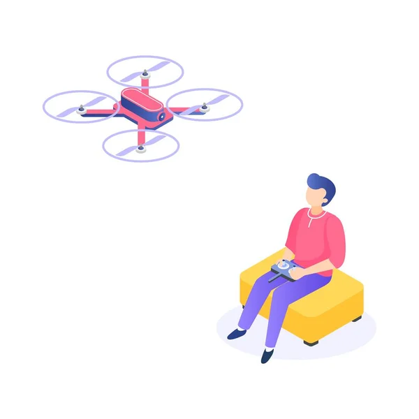 Homme isométrique avec drone. Jeunes hommes personnages avec quadcopter aérien distant. Illustration vectorielle quadrocoptère isométrique — Image vectorielle
