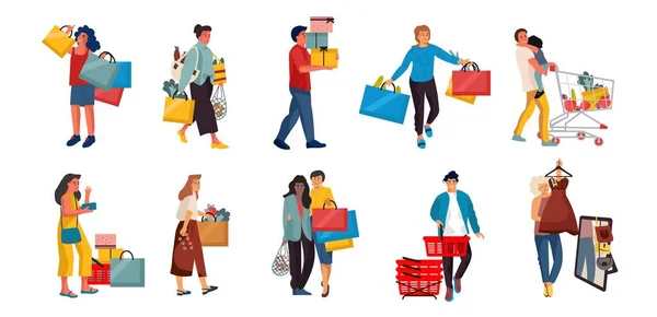 Einkaufsmenschen. Trendige Zeichentrickfiguren im Einzelhandel, glückliche Käufer beim Discounter. Vektormenschen in Mall-Szenen — Stockvektor