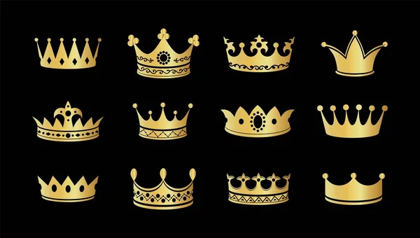 Arany korona sziluett ikon készlet. Arany koronák gyűjteménye. Tiara királynő. Gyémánt koronázás koronázása. Korona vektor illusztráció — Stock Vector
