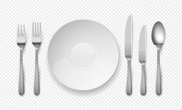 Realistischer Speiseteller mit Löffel, Messer und Gabel. weiße leere Teller für Cafés und Restaurants. Besteck Vektor von oben Ansicht Illustration — Stockvektor