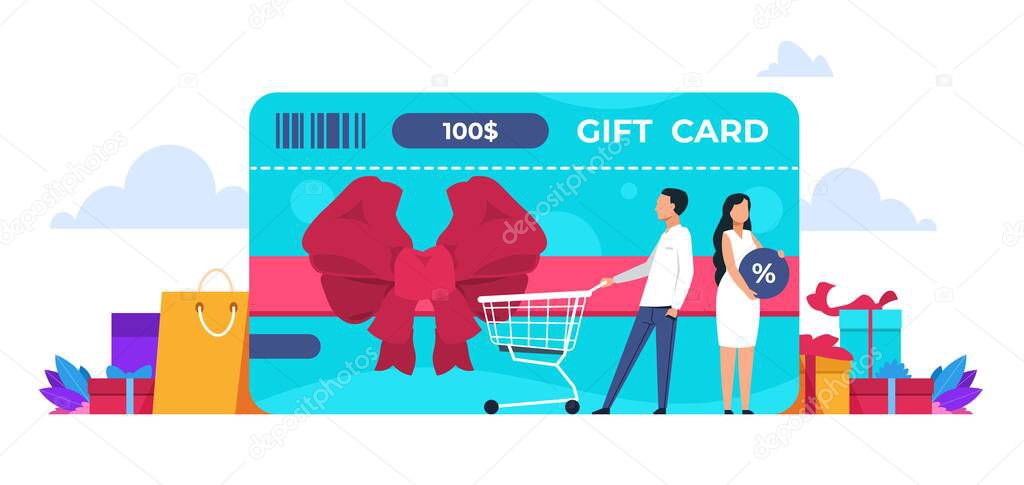 Discount concept. Retail loyalty program, online shop discount and rewards concept with cartoon people. Vector customer service