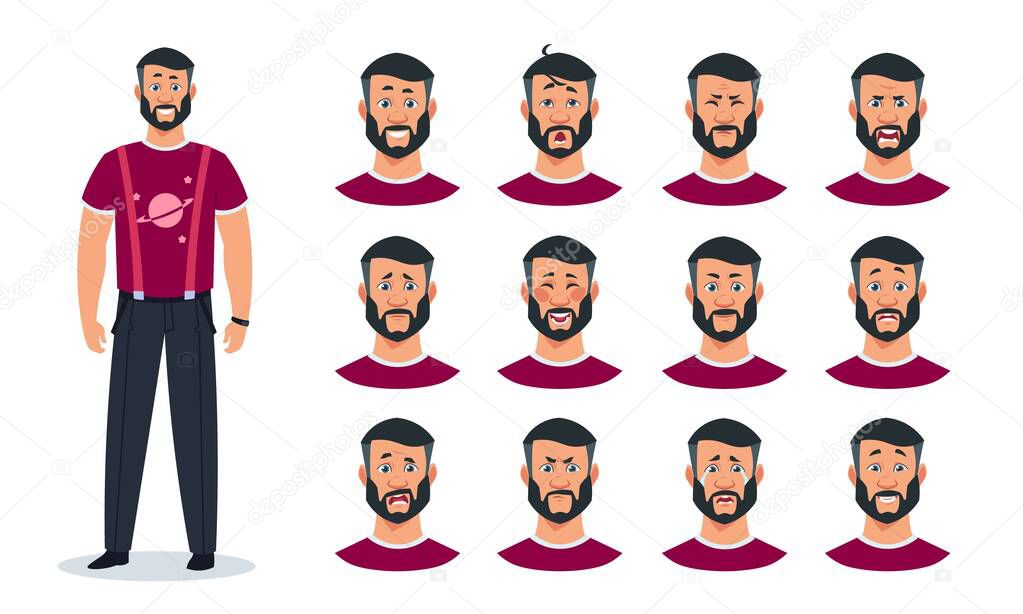 Face expressions. Cartoon man character with set of different emotions, angry sad happy surprised guy. Vector avatar constructor