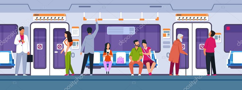 People in transport. Cartoon characters sitting and standing in city train. Vector male and female characters in public transport