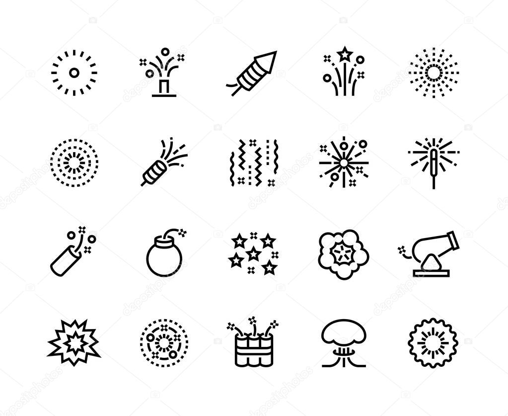 Firework line icons. Birthday party and anniversary celebration light sparklers, new year pyrotechnics. Vector fireworks collection