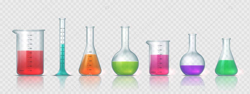 Laboratory equipment. Realistic 3D glass tubes, flask, beaker and other chemical and medicine lab measuring equipment. Vector set