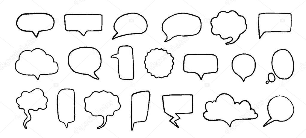 Doodle speech bubbles. Hand drawn elements for quotes and text with pencil sketch lines and grunge shapes. Vector trendy set