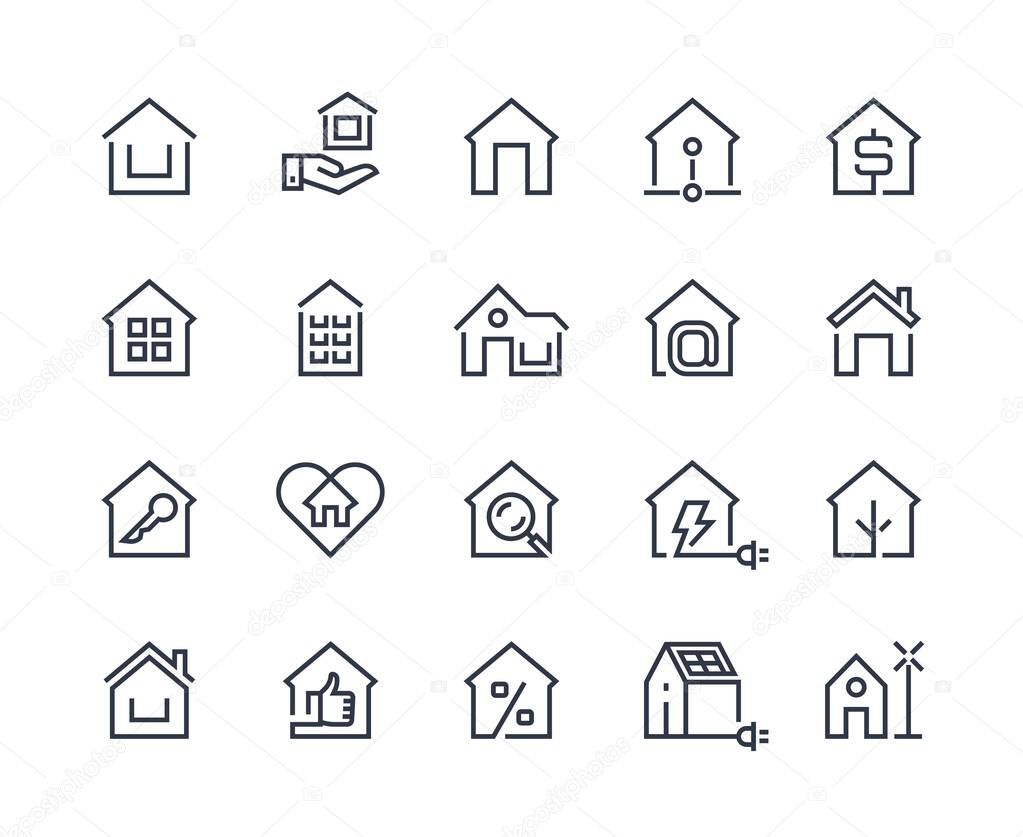 Home line icons. House interface button, browser homepage pictogram, real estate and building construction symbols. Vector set thin symbol computer management estate for mortgage and insurance