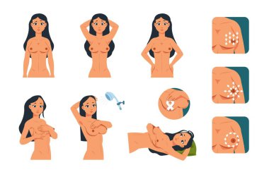 Göğüs muayenesi. Genç karikatür kadın karakteri göğüs muayenesi yapıyor. Onkoloji tümör semptomları için vektör talimatı