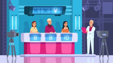 Televizyon yarışması. Yarışmacılarla karikatür kelime yarışması oyunu, kulis ve kazanan. Kameralı ve ışıklı vektör sahnesi