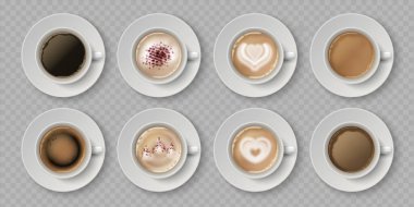 Gerçekçi bir kahve fincanı. Ekspresso kapuçino ya da latte ile sütlü kremaların en üst görüntüsü, 3 boyutlu izole kahve kupaları. Vektör kahve seti