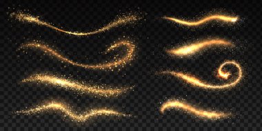 Sparkle stardust. Golden glittering dust brush templates, shining star or comet trails, Christmas shimmer texture. Vector glowing effect clipart