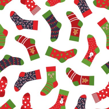 Yılbaşı çorap deseni. Kışlık giysi elementleri ve süslemeleri olan kusursuz bir doku. Vektör Yeni Yıl ve Noel bayramı modeli