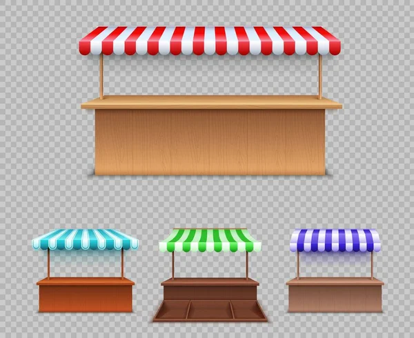 Market stall set. Realistic wooden counter with canopy for street trading. Cafe tent, shop roof. Outdoor market awnings vector isolated set — Stock Vector