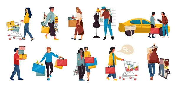 Einkaufsmenschen. trendige Familien- und Paarzeichentrickfiguren beim Einkaufen in Einkaufszentren, glückliche niedliche Personen im Einzelhandel. Vektor Mall Szenen — Stockvektor