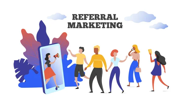 Referral marketing. Communication influence advertising concept, refer your friend client loyalty program. Vector customers engagement — Stock Vector