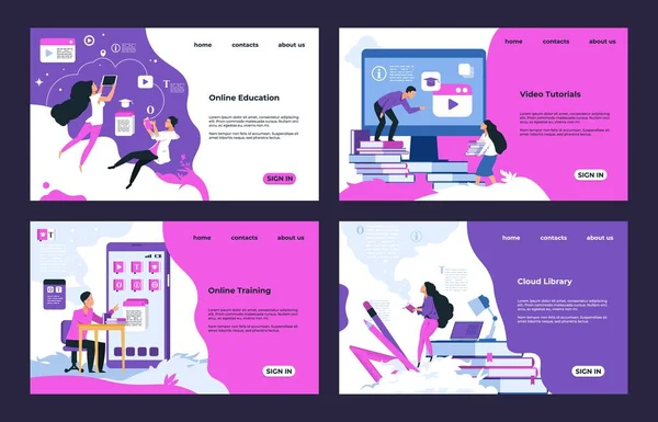 Utbildningswebbplats. Molnbibliotek, lärande videor och handledning, online-utbildning och testning. Vektorutbildningens landningssidor — Stock vektor