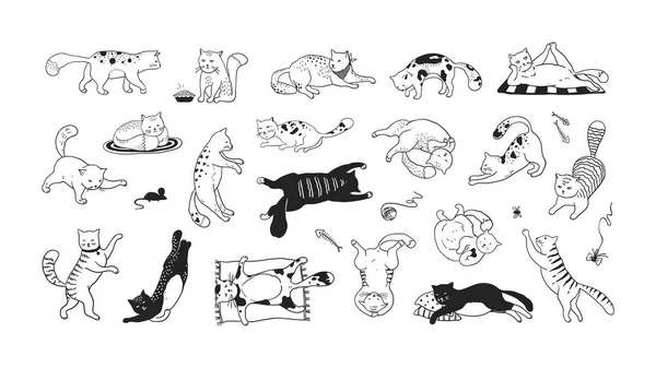 Des chats dessinés à la main. Animaux drôles et mignons, gribouiller différents chatons noirs et chats assis couchés et jouant. Caractères de croquis à l'encre vectorielle — Image vectorielle