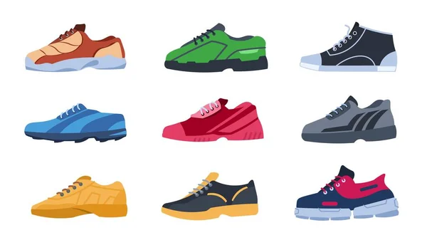 Sapatilhas. Sapatos desportivos coloridos planos com formas diferentes, calçado de cor elegante na moda. Sapatos vetoriais para treinamento e esporte — Vetor de Stock