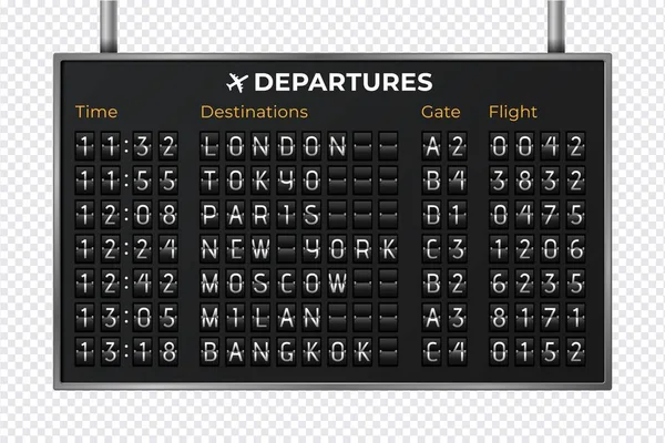 Flughafen-Anzeigetafel. realistische Ausrüstung Bord Nachricht Abflug und Ankunft Flug. Abfahrts-Countdown. Vektorillustration — Stockvektor