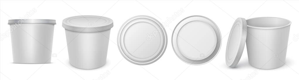 Yoghurt container. Realistic circular white blank margarine spread melted cheese or butter package mockup. Vector top front bottom set