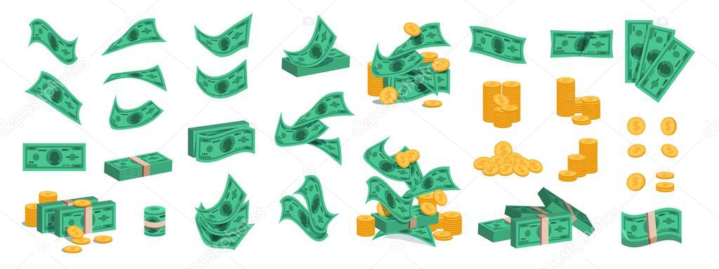 Bundle of money. Golden coins and green dollar banknotes, 3D pile of flat money cash. Vector set of currency stack