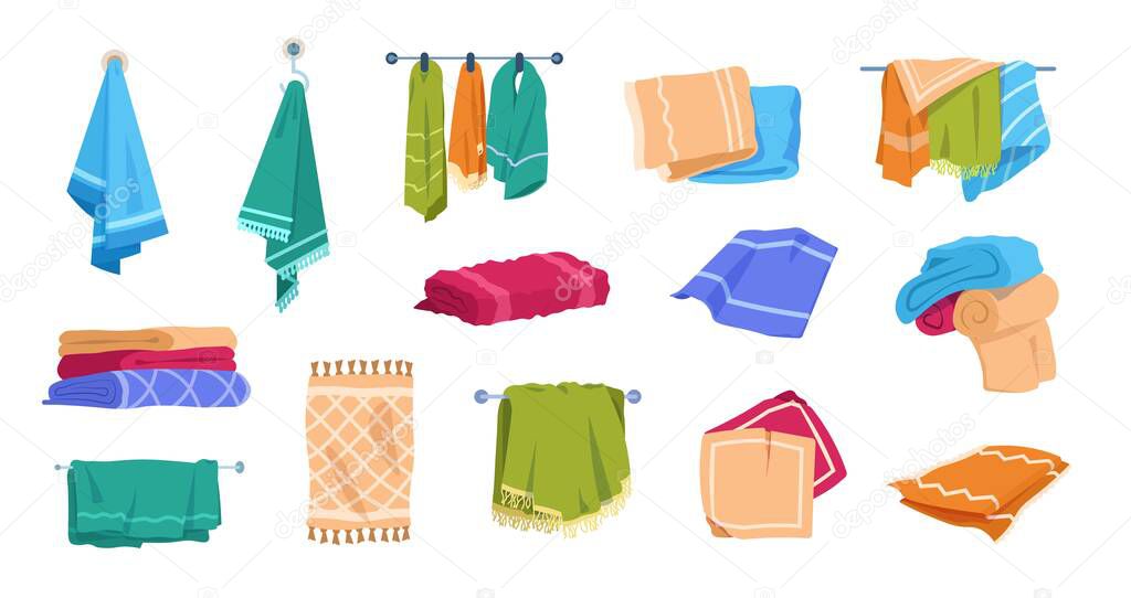 Cartoon towels. Bath rolled fabric, kitchen hand textile cloth and washcloth for dishes, family cotton towels pile. Vector set