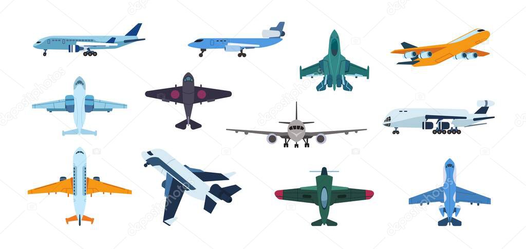 Flat airplanes. Plane flight take off and landing, commercial aviation aircraft, air travel and transportation. Vector isolated set
