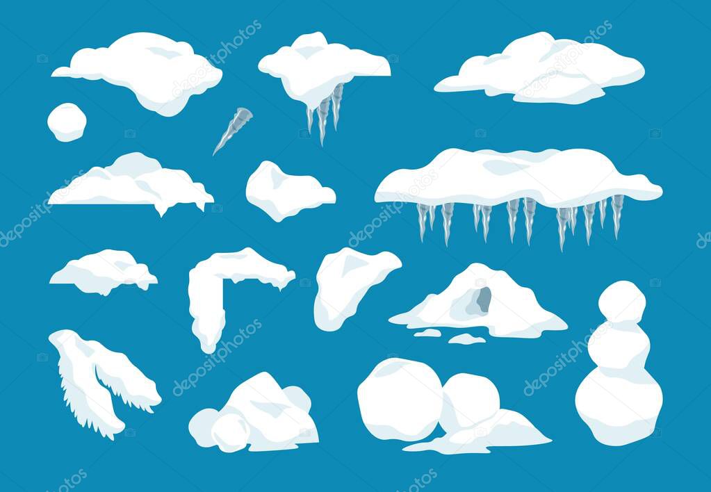 Cartoon snow caps. Frozen drips and icicles with snowballs and snow drifts, winter decoration frame elements. Vector set