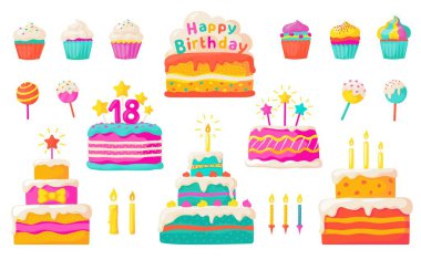 Birthday cakes. Party celebration cupcake with candles and invitation, colorful and chocolate flat cakes. Vector set clipart