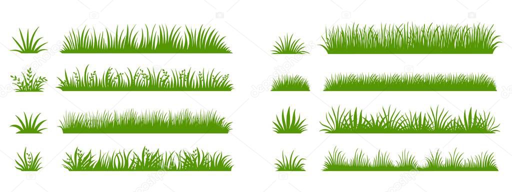 Green grass silhouette. Cartoon lines of plants and shrubs for boarding and framing, eco and organic logo element. Vector set spring bio field banner or fresh organic pasture