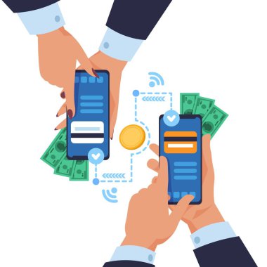 Cep telefonu para transferi. Çizgi filmdeki eller akıllı telefonları tutuyor ve kablosuz ödeme yolluyorlar. Çevrimiçi cüzdan mobil uygulaması