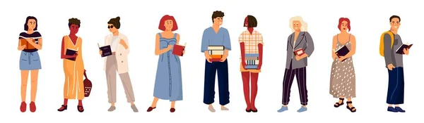 Studenti con libri. College adolescenti personaggi dei cartoni animati in possesso di pila e libri di lettura. Vettoriale diversi studenti multiculturali — Vettoriale Stock