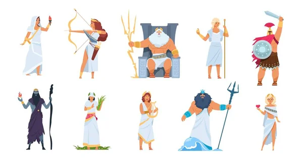 Dioses griegos antiguos. Dibujos animados lindos personajes legendarios de la mitología antigua, Vector héroes masculinos y femeninos aislados en blanco — Vector de stock