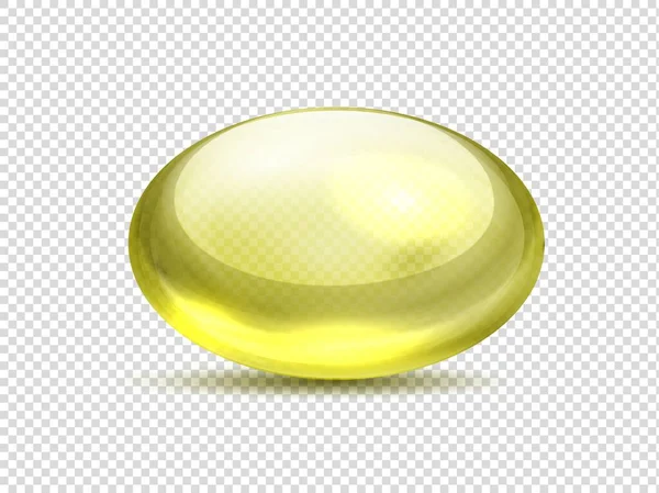 Pílulas de cápsula amarela realista. Medicina de óleo vitamina, bolha dourada com colágeno. Vitamina vetorial A, E, D ou óleo de peixe — Vetor de Stock