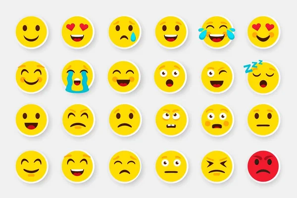 Emoji adesivo rosto definido. Emoticon desenhos animados emojis símbolos. Conjunto de ícones de objetos de bate-papo digital vetorial — Vetor de Stock