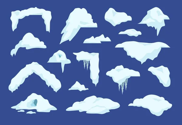Снежные шапки. Карикатурные зимние декоративные элементы со снежками и сосульками, замерзшие облака и снежные сваи. Векторное Рождество — стоковый вектор