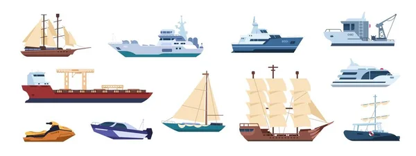 Navi piatte. Barche a vela, barche a vela marine e navi a motore, tipi di trasporto oceanico. Catamarano vettoriale e set motoscafo — Vettoriale Stock