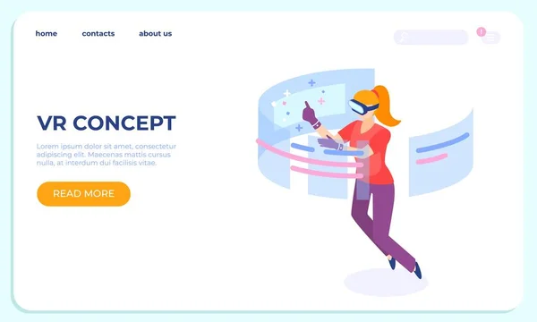 Concept isométrique d'atterrissage VR. Les jeunes femmes utilisent la technologie ar. Concept de réalité virtuelle vectorielle — Image vectorielle