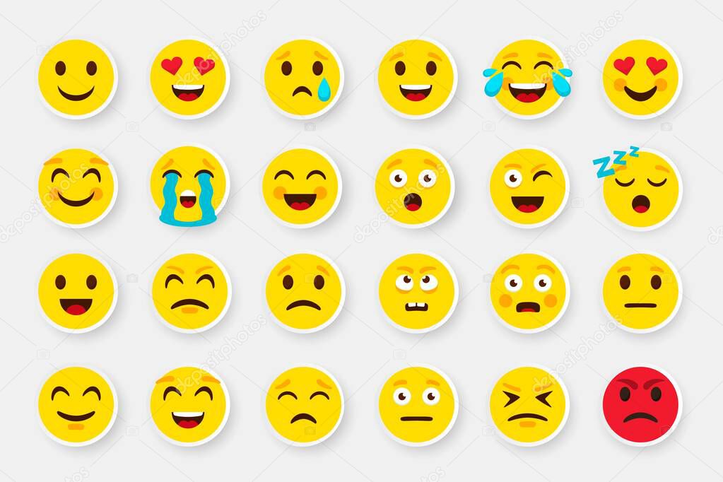 Emoji sticker face set. Emoticon cartoon emojis symbols. Vector digital chat objects icons set