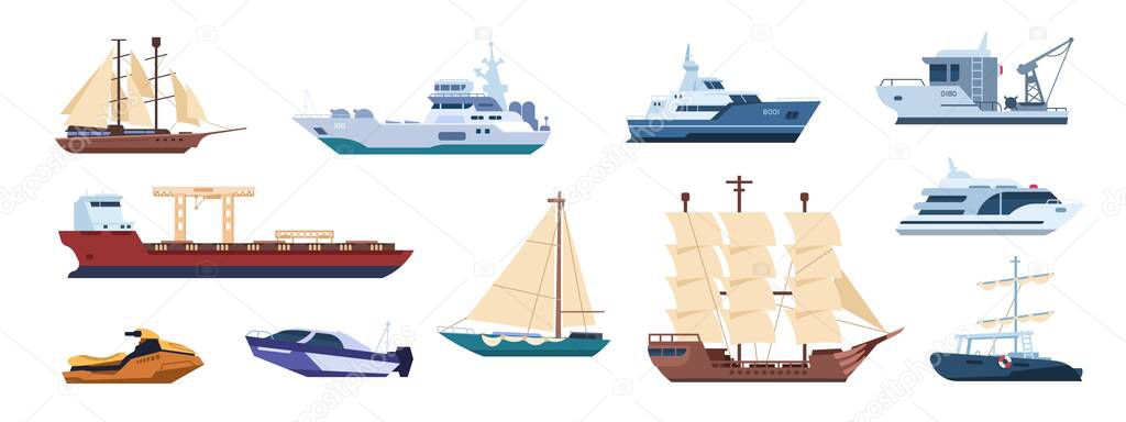 Flat ships. Sailing yachts, marine sailboats and motor ships, ocean transportation types. Vector catamaran and powerboat set