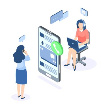 Müşteri desteği izometrik konsept. Çağrı merkezi yardım web pankartı. Çevrimiçi servis yardımı. Vektör illüstrasyonu