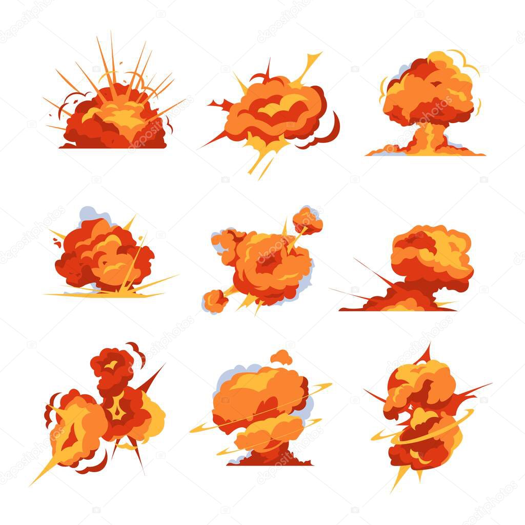 Cartoon explosion. Bomb detonation and fireball effect for mobile game animation. Vector atomic bomb and dynamite explosion
